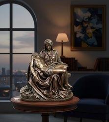 Pietà statue placeret i minimalistisk nordisk stue
